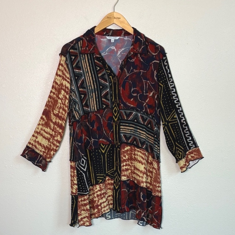 JOHN MARK Size Large Artsy Patchwork Exposed Seams Lagenlook Button Up Tunic Top
